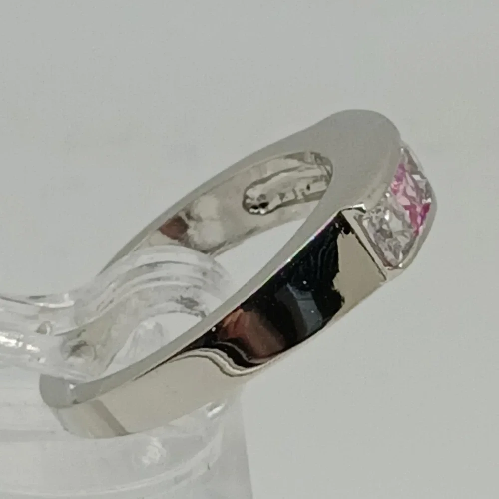 Vintage 90s Pink Clear Princess Cut CZ Channel Set Silver Tone Band Ring Size 10
